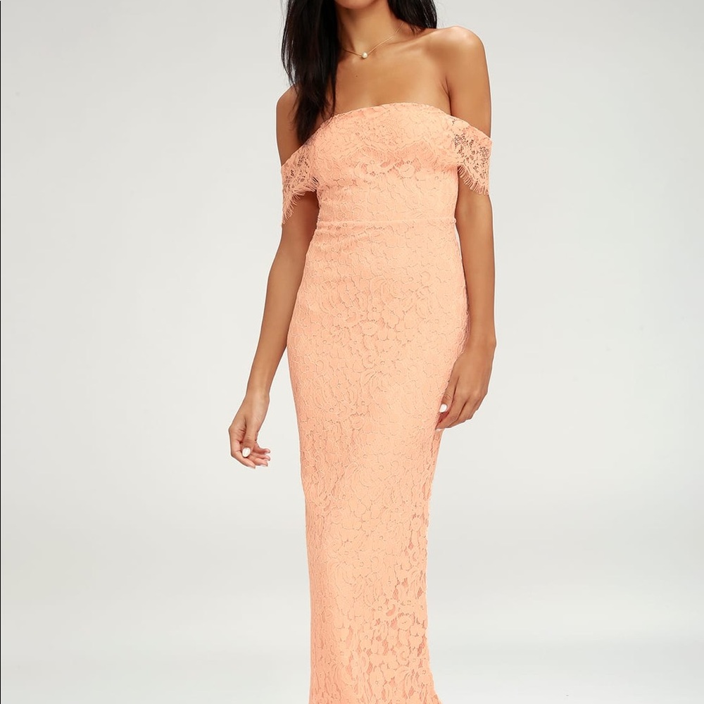 BLUSH PINK LACE OFF-THE-SHOULDER MAXI DRESS
